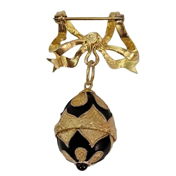 Sterling Silver Gold Vermeil Bow Bar Faberge Style Egg Charm Dangle Pin Brooch